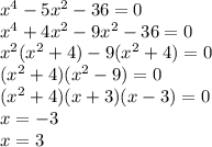 {x}^{4} - 5 {x}^{2} - 36 = 0 \\ {x}^{4} + 4 {x}^{2} - 9 {x}^{2} - 36 = 0 \\ {x}^{2} ( {x}^{2} + 4) - 9( {x}^{2} + 4) = 0 \\ ( {x}^{2} + 4)( {x}^{2} - 9) = 0 \\ ( {x}^{2} + 4)(x + 3)(x - 3) = 0 \\ x = - 3 \\ x = 3