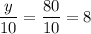 \dfrac{y}{10}=\dfrac{80}{10}=8