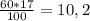 \frac{60*17}{100} = 10,2