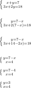 \left \{ {{x + y = 7} \atop {3x + 2y = 18}} \right. \\\\\\ \left \{ {{ y = 7 - x} \atop {3x + 2(7 - x) = 18}} \right. \\\\\\ \left \{ {{ y = 7 - x} \atop {3x + 14 - 2x) = 18}} \right. \\\\\\\left \{ {{ y = 7 - x} \atop {x = 4}} \right. \\\\\left \{ {{ y = 7 - 4} \atop {x = 4}} \right. \\\\\left \{ {{ y = 3} \atop {x = 4}} \right.