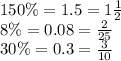 150\% = 1.5 = 1 \frac{1}{2} \\ 8\% = 0.08 = \frac{2}{25} \\ 30\% = 0.3 = \frac{3}{10}