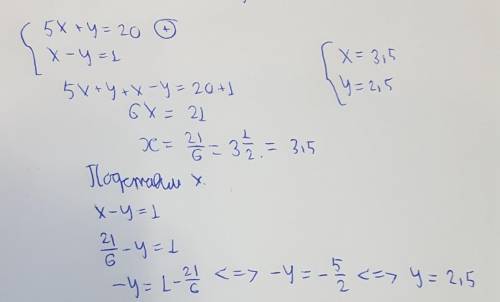 Решите систему уравнений: {5x+y=20{x-y=1​