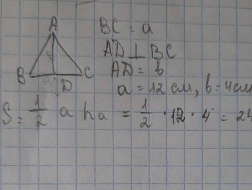 У трикутнику ABC BC=a AD перпендикуляр до BC, AD=b. Знайдіть площу трикутника, якщо a=12см, b=4см. ​