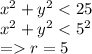 {x}^{2} + {y}^{2} < 25 \\ {x }^{2} + {y}^{2} < {5}^{2} \\ = r = 5