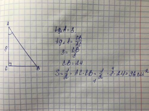 В прямоугольном треугольнике abc угол с 90 катет ac=8см tgA=3 Найти площадь