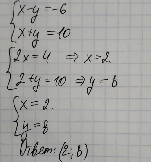 Укажіть розв‘язок системи рівнянь: x-y=-6 x+y=10