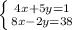 \left \{ {{4x + 5y = 1} \atop {8x - 2y = 38}} \right