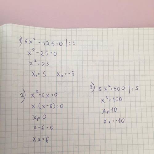 Решите неполные квадратные уравнения: 1) 5x²-125=0 2) x²-6x=0 3) 5x²=500