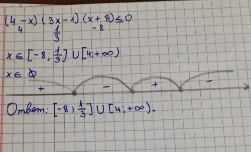 Решите неравенство: (4-x)(3x-1)(x+8)≤0