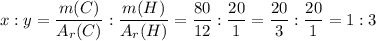 x : y = \dfrac{m(C)}{A_r(C)} : \dfrac{m(H)}{A_r(H)} = \dfrac{80}{12} : \dfrac{20}{1} = \dfrac{20}{3} : \dfrac{20}{1} = 1 : 3