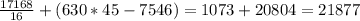 \frac{17168}{16} + (630 * 45 - 7546) = 1073 + 20804 = 21877