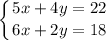 \displaystyle \left \{ {{5x + 4y = 22} \atop {6x + 2y = 18}} \right.