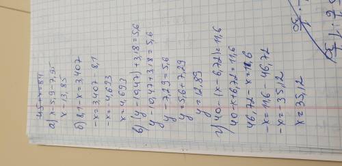 113. Решите уравнение:а) х - 5,9 - 7,95; в) (у - 10,47) +3,18 = 5,6:б) 8,1- х = 3,407; г) 40 - (х –