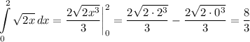 \displaystyle \int\limits^{2}_{0} { \sqrt{2x} } \, dx = \dfrac{2\sqrt{2x^{3}}}{3} \bigg|_{0}^{2} = \dfrac{2\sqrt{2 \cdot 2^{3}}}{3} - \dfrac{2\sqrt{2 \cdot 0^{3}}}{3} = \dfrac{8}{3}