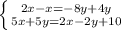 \left \{ {{2x-x=-8y+4y} \atop {5x+5y=2x-2y+10}} \right.