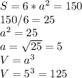 S=6*a^{2} =150\\150/6=25\\a^{2} =25\\a=\sqrt{25} =5\\V=a^{3} \\V=5^{3} =125