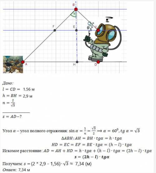 Водолаз ростом l= 1,56 м стоит на дне водоёма — на глубине h= 2,9 м. Водолаз смотрит вверх, на грани