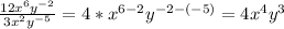 \frac{12x^{6}y^{-2} }{3x^{2}y^{-5} } = 4*x^{6-2} y^{-2-(-5)} =4x^4y^3