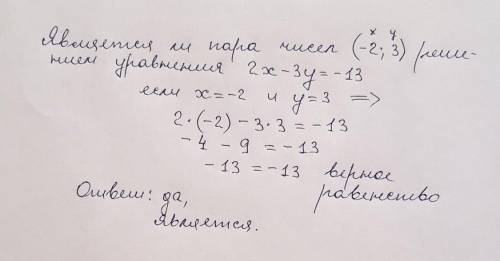 Чи є пара чисел(-2;3) розвязком рівняння 2х-3у= -13 Пояснити