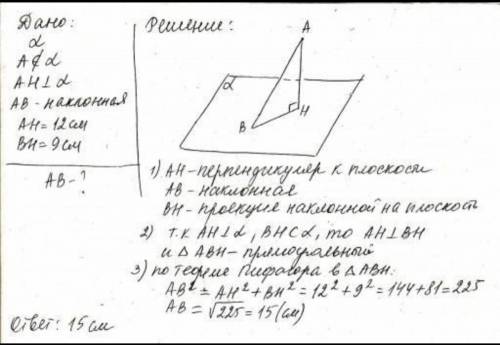 З точки до площини проведено перпендикуляр і похилу,які дорівнюють 12 см і 15 см. знайти проекцію по