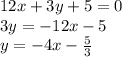 12x+3y+5=0\\3y=-12x-5\\y=-4x-\frac{5}{3}