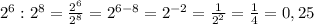 2^{6} :2^{8} =\frac{2^{6} }{2^{8} } =2^{6-8} =2^{-2} =\frac{1}{2^{2} } =\frac{1}{4} =0,25