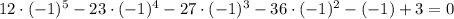 12 \cdot (-1)^{5} - 23 \cdot (-1)^{4} - 27 \cdot (-1)^{3} - 36 \cdot (-1)^{2} - (-1) + 3 = 0