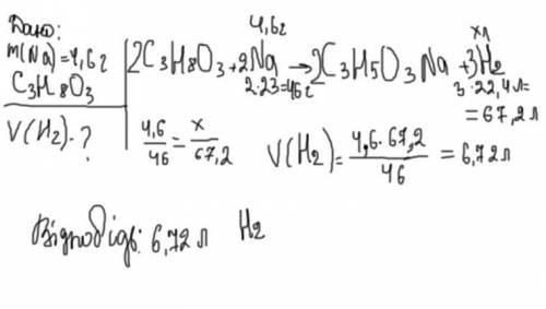 Розрахуйте об'єм (н.у) водню, який виділиться в результаті взаємодії 4,6г натрію з гліцерином. ​