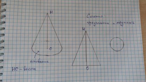 Начертите в тетради конус, подпишите основание и высоту конуса. Запишите две любые геометрические ф