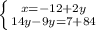 \left \{ {{x=-12+2y} \atop {14y-9y=7+84}} \right.