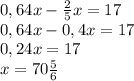 0,64x-\frac25x=17\\0,64x-0,4x=17\\0,24x=17\\x=70\frac56