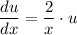 \dfrac{du}{dx} =\dfrac{2}{x}\cdot u