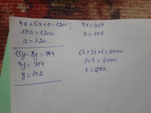 решить уровнение 4a + 5a +a =1200 15у-8у =714 4x=424 6t+3t+t=6400