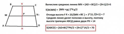 В трапеции abcd известно что ad 9 bc 1 mn средняя линия трапеции найдите площадь трапеции авсд если