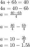 4a+6b=40\\4a=40-6b\\a=\frac{40-6b}{4} \\\\a=\frac{40}{4} -\frac{6b}{4} \\\\a=10-\frac{3b}{2} \\a=10-1.5b