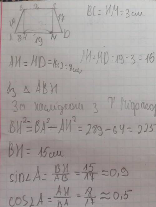 У рівнобічній трапеції ABCD бічна сторона AB дорівнює 17 см, більша основа AD дорівнює 19 см, а менш