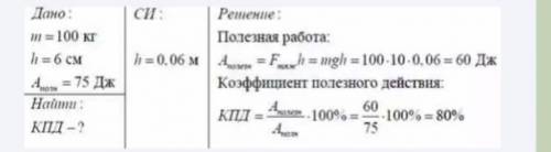 1.С рычага подняли груз массой 100 кг на высоту 6 см.При этом совершили работу 75 Дж. Определите кпд