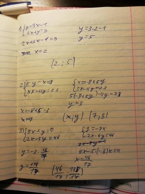 Лінійне рівняння методом підстави 1. {y=3x-1 2x+y=9. 2.{5y-x=85x-4y=23. 3.{3x+y=02x-5y=46