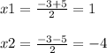 x1=\frac{-3+5}{2} =1\\\\x2=\frac{-3-5}{2} =-4