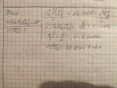 Найдите объем газа в литрах, который образуется при спиртовом брожении глюкозы массой 18 г по уравне