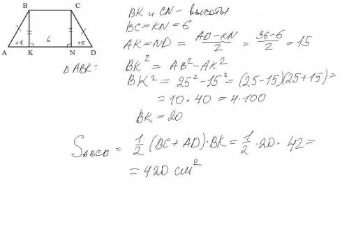 Основи рівнобічної трапеції дорівнюють 6 см і 36 см бічна сторона 25см знайдіть площу трапец