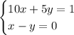 \begin{cases}10x+5y=1\\x-y=0\end{cases}