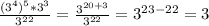 \frac{ (3^{4})^{5}*3^{3} }{3^{22} } =\frac{3^{20+3} }{3^{22} } =3^{23-22}=3