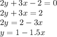 2y + 3x - 2 = 0 \\ 2y + 3x = 2 \\ 2y = 2 - 3x \\ y = 1 - 1.5x