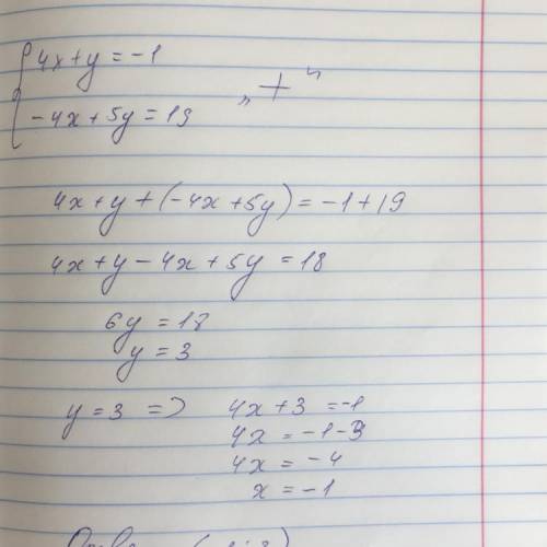 Решите систему методом сложения. 4x+y=−1, −4x+5y=19 В ответе укажите значение произведения решений