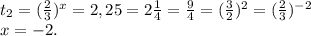 t_{2} =(\frac{2}{3})^{x} } =2,25=2\frac{1}{4} =\frac{9}{4}=(\frac{3}{2})^{2} =(\frac{2}{3} )^{-2} \\ x=-2.