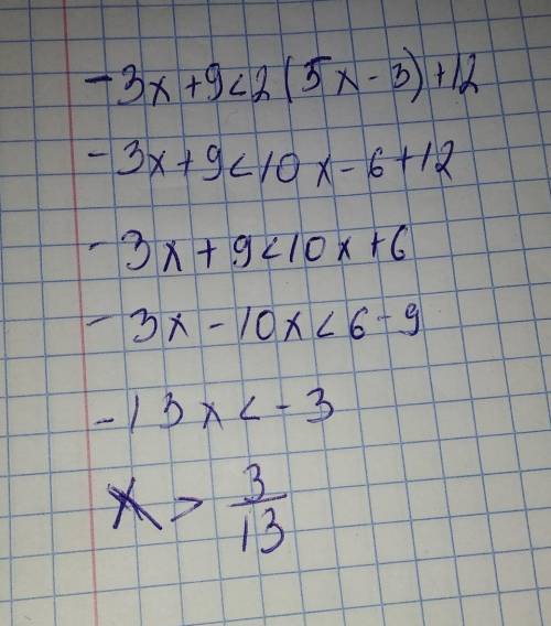 Решите неравенство: -3х+9<2(5х-3)+12=?? Напишите подробно по порядку