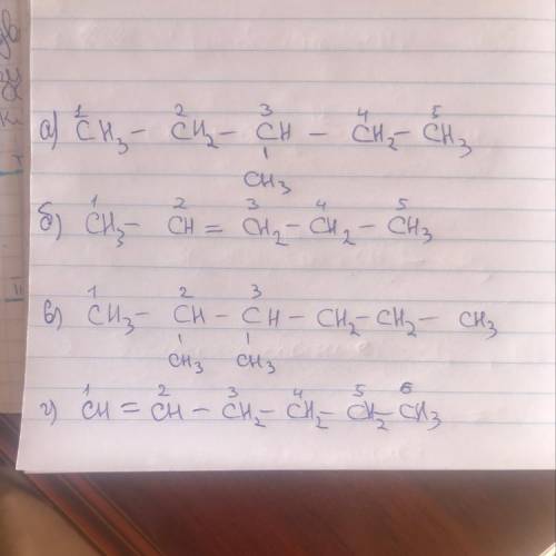 РЕБЯТ Составьте формулуА) 3метил пентанБ) пентен -2В) 2, 3 диметил гексанГ) гексен-1​