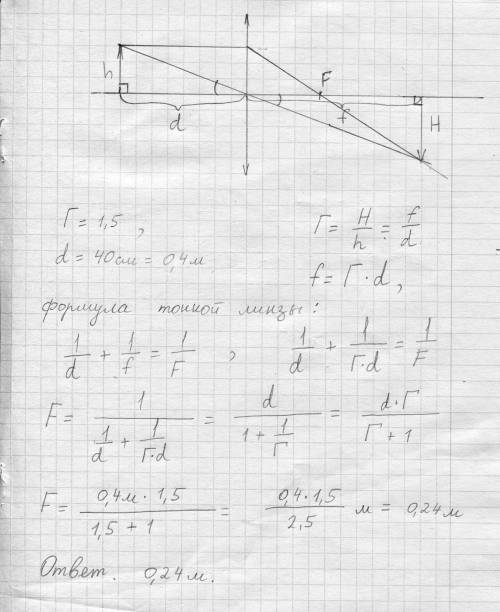 Изображение предмета, который находится на расстоянии d=40 см от двояковыпуклой линзы, получилось де