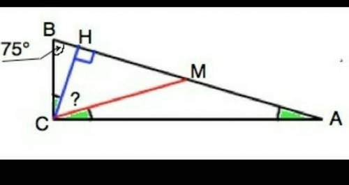 Острый угол прямоугольного треугольника =50°Найти угол между высотой и медианой, проведенных из верш
